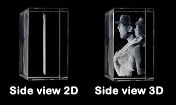 side view of crystal comparing 2D and 3D effect